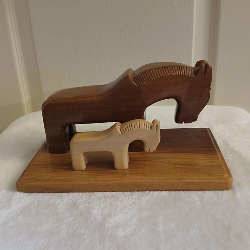 Vintage MCM Scandinavian-Style Wooden Mother & Foal Horse Sculpture